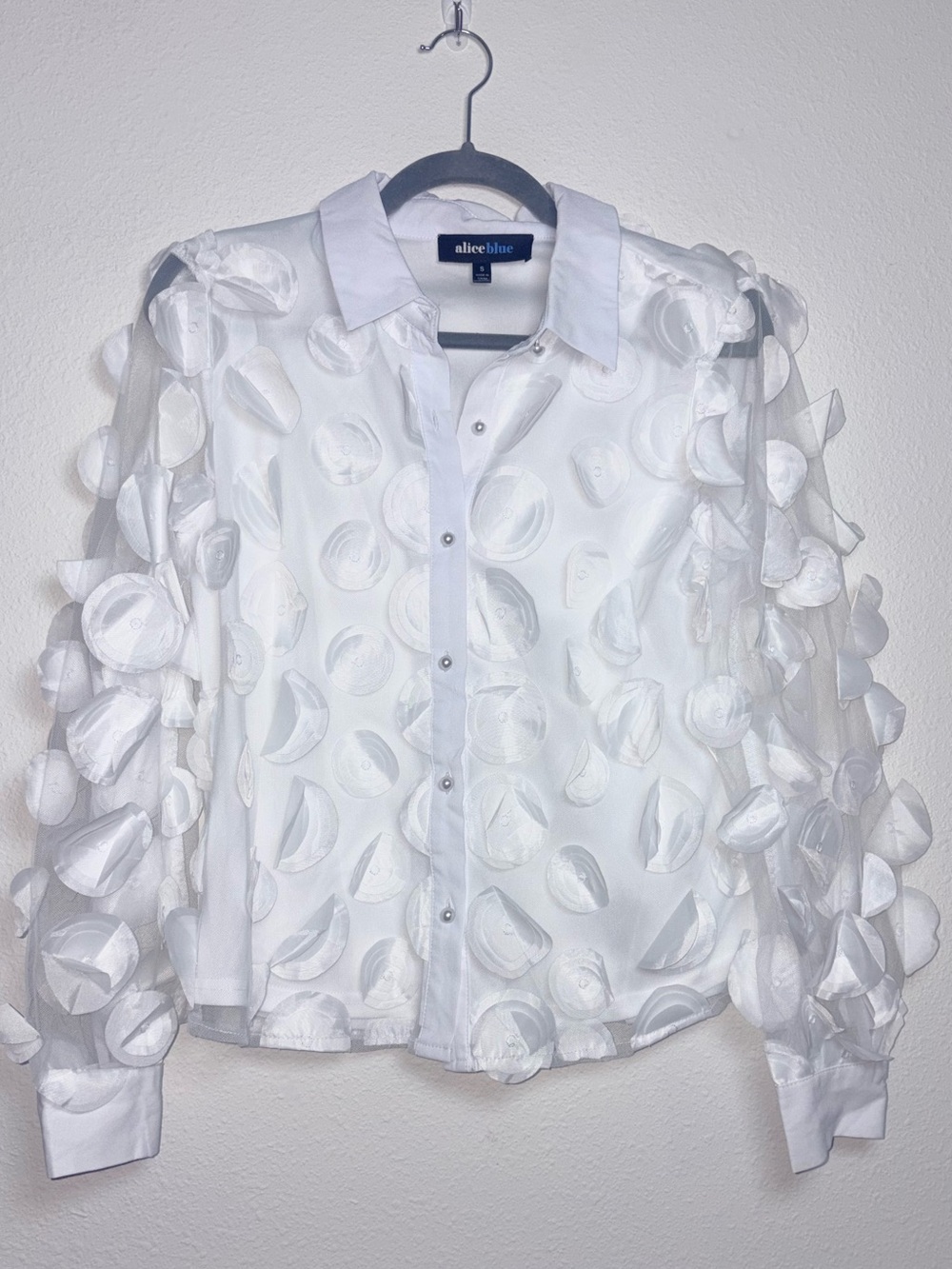 Alice Blue White Sheer 3D Petal Button-Down Blouse - Picture 2 of 7